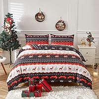 LAMEJOR Christmas Duvet Cover Set Queen Size Soft, Christmas Theme Reindeers/Bells/Christmas Trees Pattern Holiday Decor, 1 Duvet Cover+2 Pillow Cases