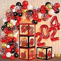 141Pcs Graduation Party Decorations 2024 Balloon Boxes Red and Black Balloon Arch Garland Kit with String Lights for College School So Proud of you Class of 2024 Graduation Party Supplies