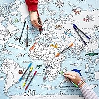 eatsleepdoodle World Map Kid's Coloring Tablecloth - Color Your Own Map of The World - Educational Geography Learning Activity for Children with Washable Felt Tip Fabric Markers - 50x33in