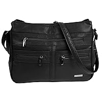 Faux Leather Handbag / Shoulder Bag with 7 Zip Compartments & Double Zip Top (BLACK)