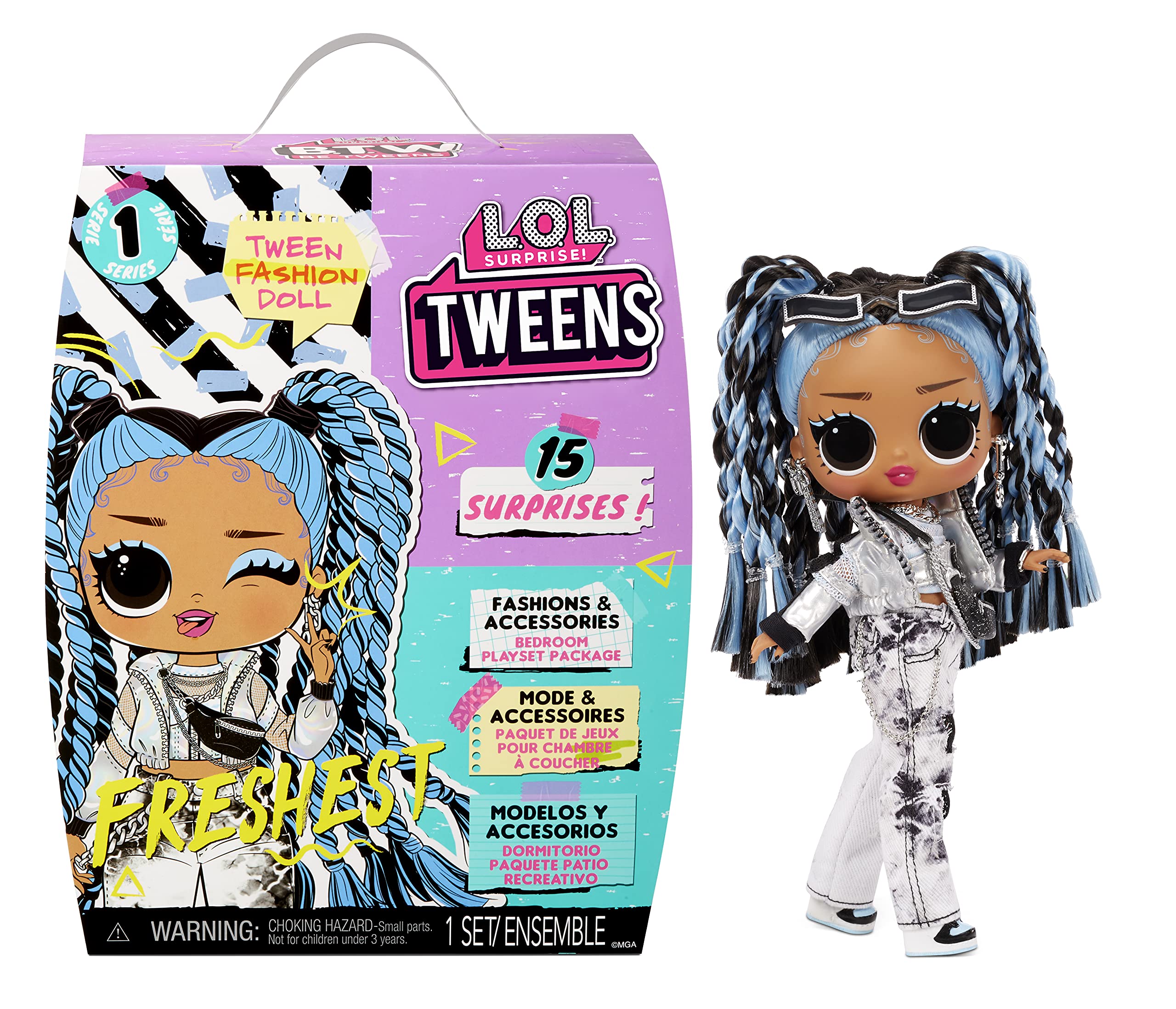 LOL Tweens Fashion Doll with 15 Surprises, Blue Hair, Including Stylish Outfit & Accessories with Reusable Bedroom Playset - Gift for Kids, Ages 4+ Years, Multicolor, 6 inches