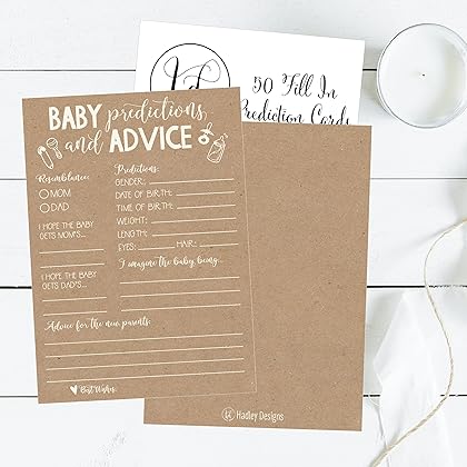 Hadley Designs 50 Rustic Advice and Prediction Cards for Baby Shower Game, New Mom & Dad Card or Mommy & Daddy To Be, For Girl or Boy Babies, Fun Gender Neutral Shower Party Favors