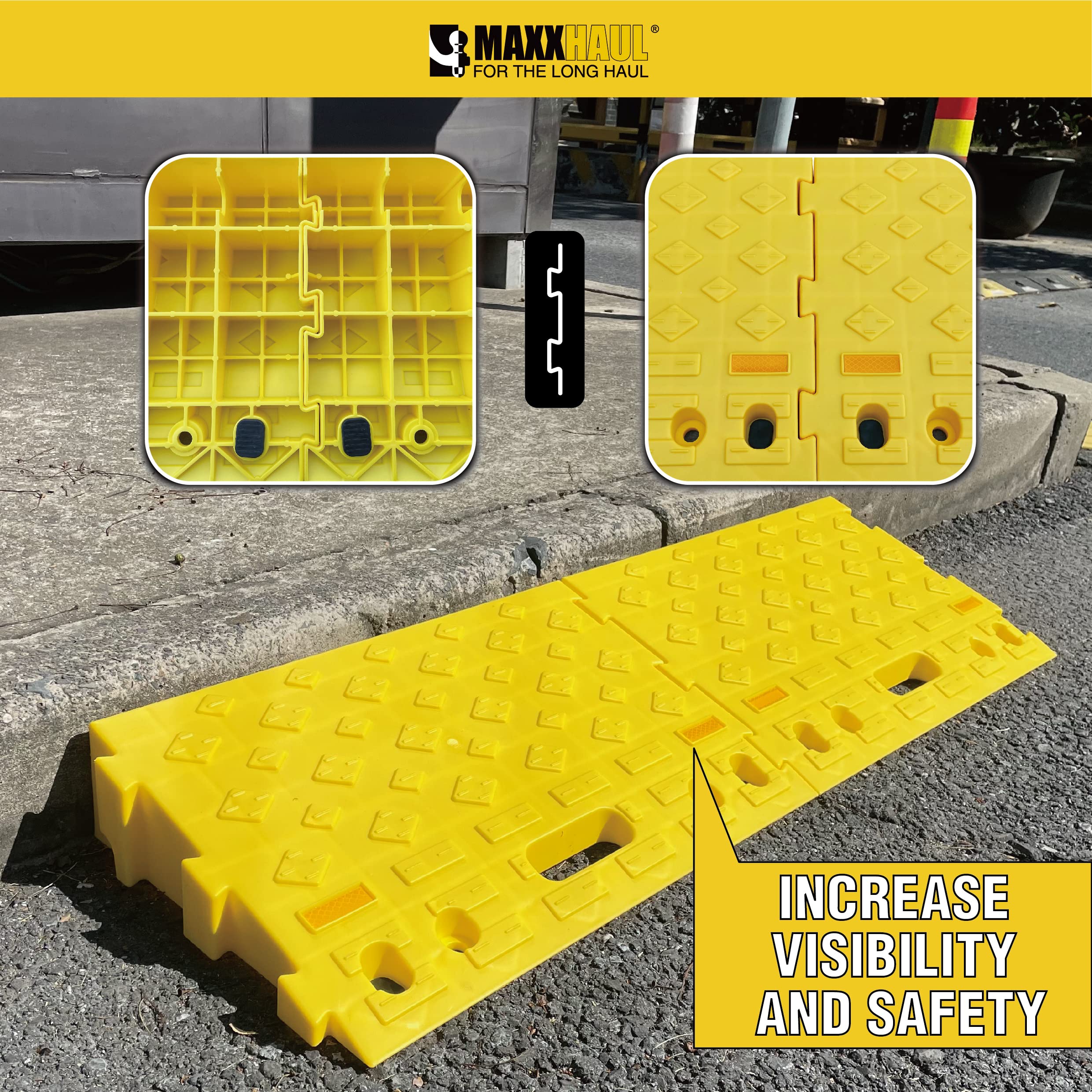 MAXXHAUL 50707 Portable Interlocking Plastic Curb Threshold Ramps Set (Yellow) for Loading Dock, Driveway, Sidewalk for Scooter, Wheelchair, Car, Truck, Motorcycle, Dolly