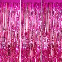 Hot Pink 3 Pack Metallic Tinsel Foil Fringe Curtains, 3.3x8.3 Feet Hot Pink Streamers Backdrop for Party, Door Streamers Party Decorations, Party Streamers for Birthday Christmas Party Decorations
