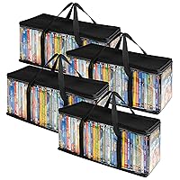 Stock Your Home DVD Storage Bags (Set of 4) Media Organizer Bag for DVDs, CDs, Blu Ray Disc, Movie Cases, VHS Box, Video Game Disks, Clear Plastic Holders with Carrying Handles and Zipper - Black