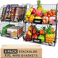 4 PACK XXL Stackable Wire Baskets for Storage Pantry,Fruit Basket For Kitchen Cabinet 16.3''x12''x8.2'' Metal Baskets For Organizing,Vegetable Fruit Snack Chips Onion Potato Cans Organization