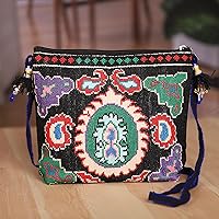 NOVICA Artisan Hand Embroidered Iroki Sling Traditional Black with Tassels Bead Multicolor Patterned Uzbekistan Travel Friendly Paisley Cultural 'Palatial Nights'