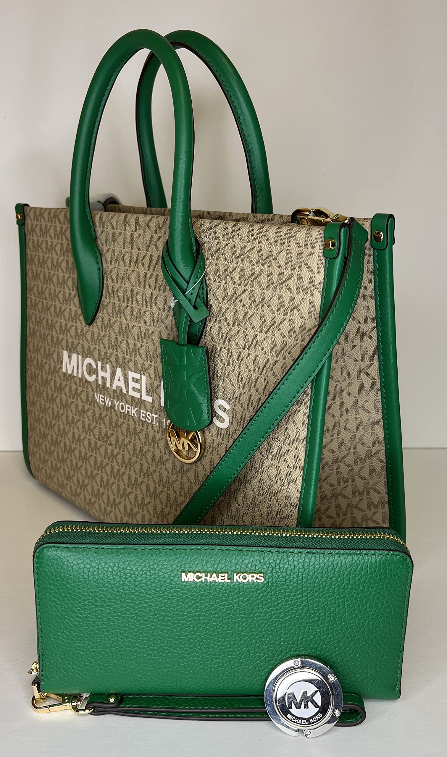 Michael Kors Mirella MD EW Logo Tote Bag bundled with Large Continental  Wallet and Purse Hook