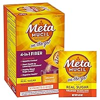 Metamucil On-the-Go, Daily Psyllium Husk Powder Supplement with Real Sugar, 4-in-1 Fiber for Digestive Health, Orange Smooth Flavored Drink, 30 packets