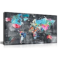 Teal Wall-Art For Living Room - World Map Wall Decor - Large World Map For Wall Ready To Hang Size 60
