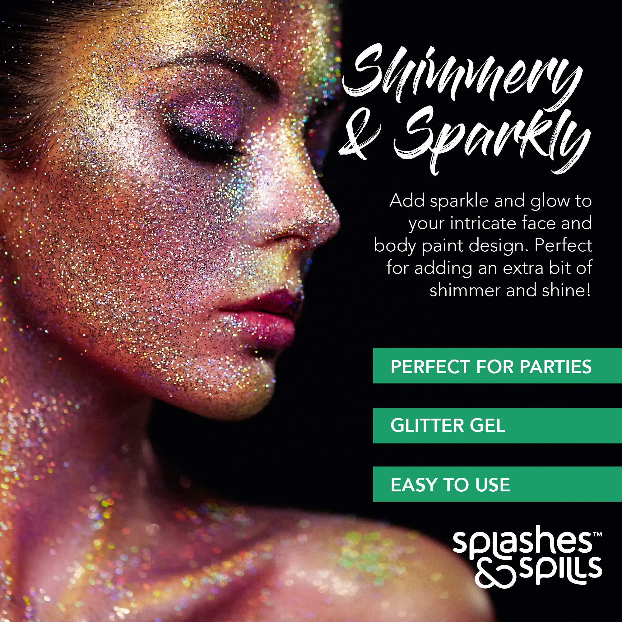 Iridescent Glitter Body Paint Gel - 7 Color Cosmetic Set 10 ml Tubes Shimmer for Hair, Body, Face - Great for Dress Up, Festival, Costume Party, Halloween - by Splashes and Spills