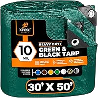 Heavy Duty Poly Tarp 30 Feet x 50 Feet 10 Mil Thick Waterproof, UV Blocking Protective Cover - Reversible Green and Black - Laminated Coating - Grommets - by Xpose Safety