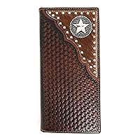Texas West Western Men's Basketweave Genuine Leather Lone Star Long Cowhide Stud Bifold Wallet (coffee)