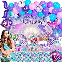 Mermaid Birthday Party Decorations - 345PCS Mermaid Birthday Theme Party Supplies Balloon Garland Kit, Happy Birthday Party Supplies with Dinnerware Banner Set for Boys Girl Kids -16 Guest