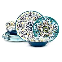 Zak Designs Melamine Dinnerware Set, 12-Piece, Service for 4, Medallion (Cool)