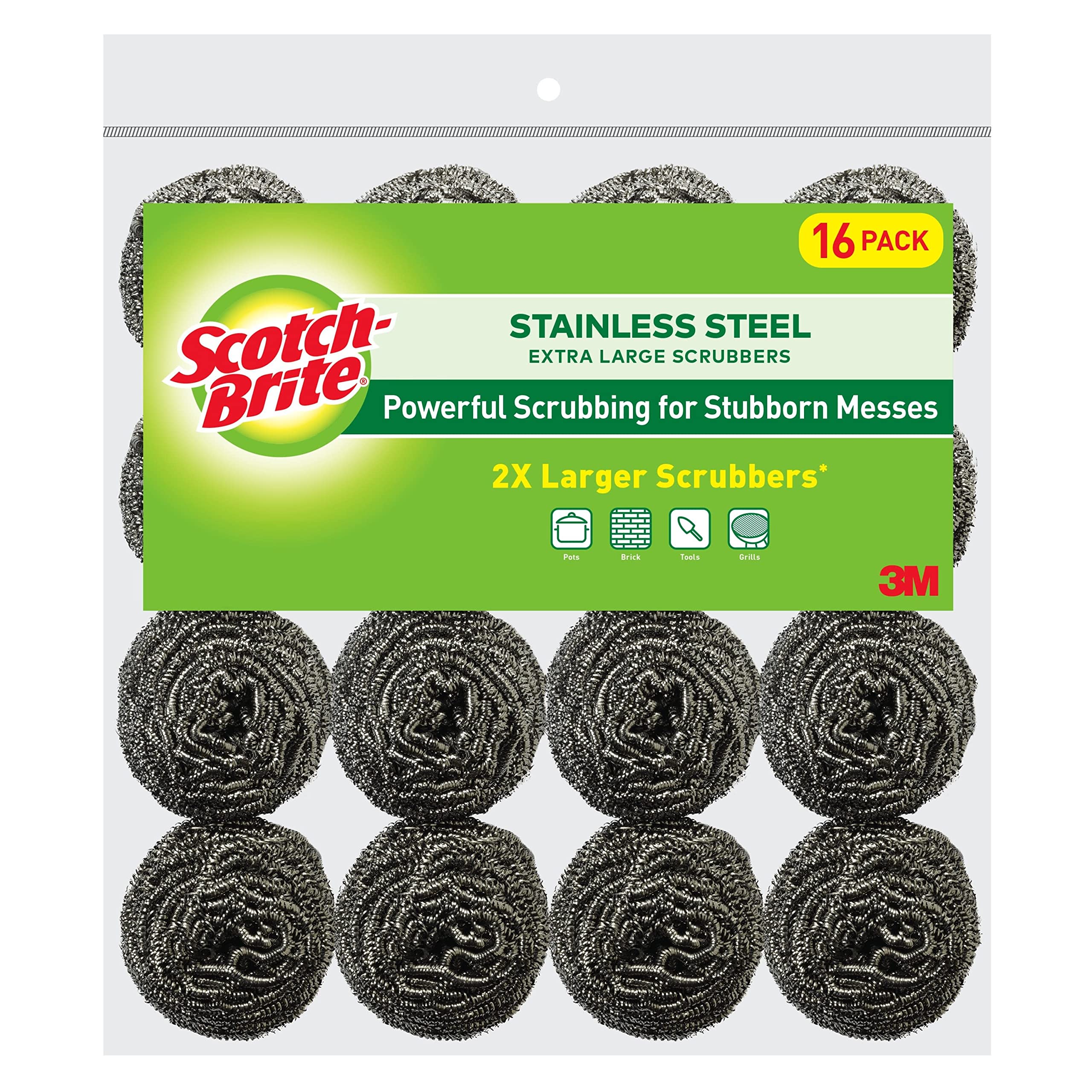 Scotch-Brite Stainless Steel Scrubbers, Durable, Ideal for Uncoated Cookware, 16 Scrubbers