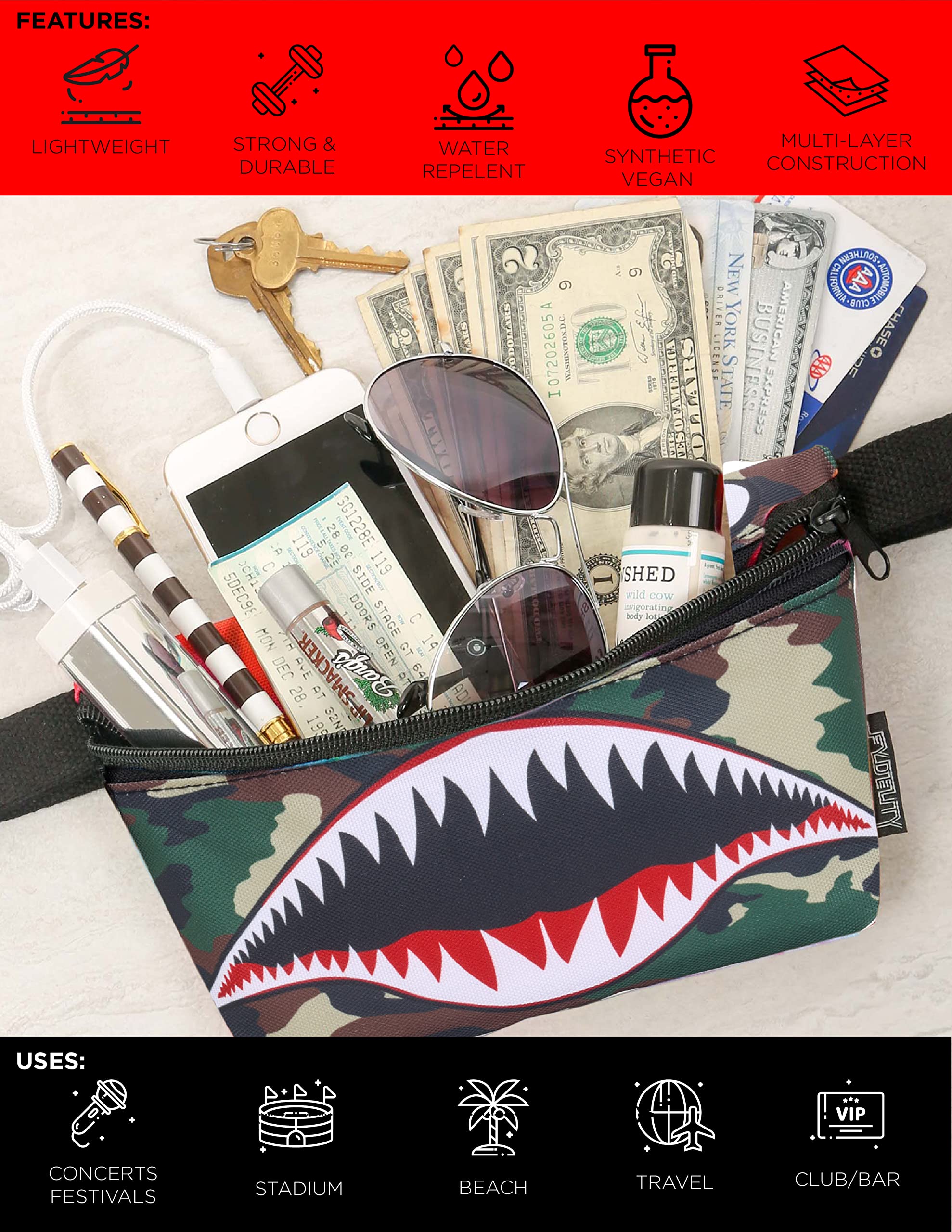 FYDELITY Camo Shark Fanny Pack Crossbody Bags for Women Festival Bag Cute Black Fanny Packs for Women Fashionable Rave Accessories Small Fanny Pack for Men Womens Fashion Travel Belt Waist Bum 90s 80s