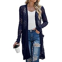 GRECERELLE Womens Lightweight Longer Length Cardigan Long Sleeve Casual Crochet Open-Front Sweater with Pockets