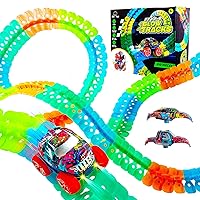 Zero-G Glow Race Track for Kids- 210pcs Glow in the Dark Flexible Race Car Track Set with Suction Cups, Slot Car, 2 Graffiti Toy Cars Shells, STEM Toy LED Car Tracks for Boys and Girls Age 3+