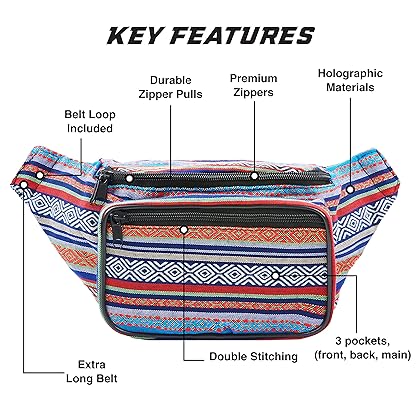 Festival Fanny Pack - Boho Packs for women, men | Cute Waist Bag Fashion Belt Bags (blue horz)