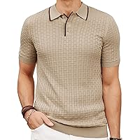 Mens Golf Polo Shirts Casual 70s Textured Knit Polo Shirt Stretch Short Sleeve Knitted Polo T Shirt for Meeting Khaki L