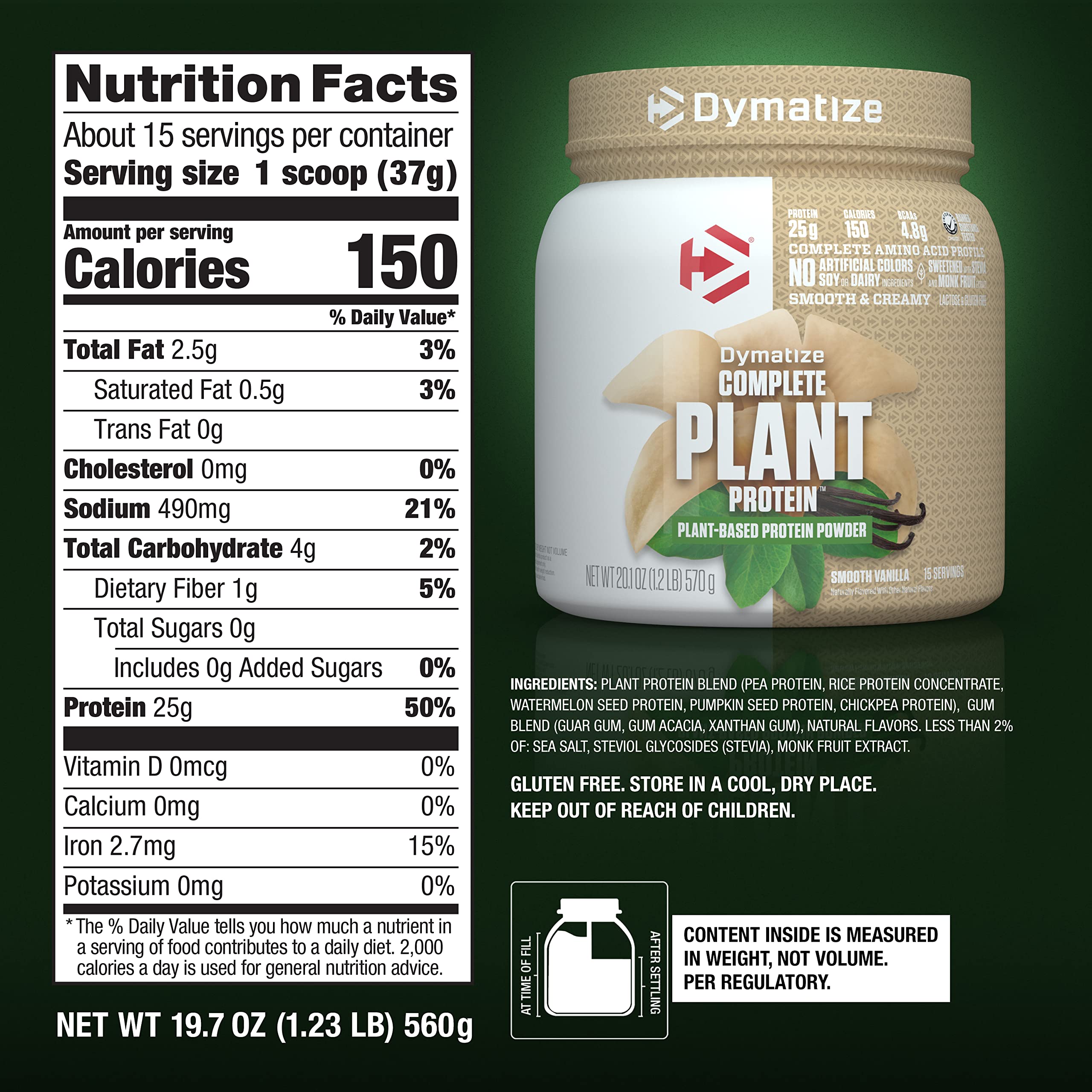 Dymatize Vegan Plant Protein, Smooth Vanilla, 25g Protein, 4.8g BCAAs, Complete Amino Acid Profile, 15 Servings