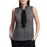 DKNY Women's Sleeveless Pleated Top with Tie Neck