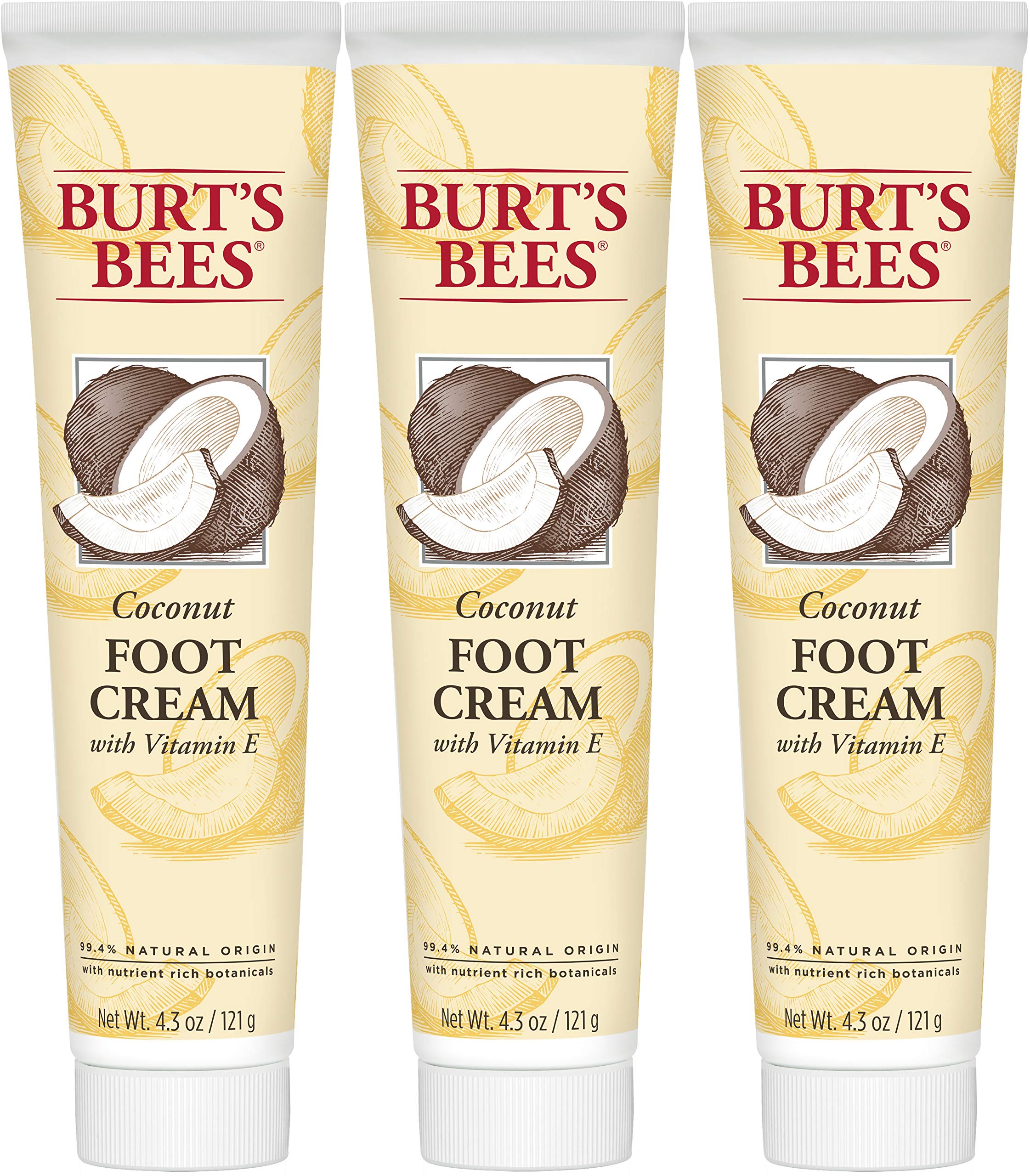 Burt's Bees Foot Cream, Moisturizing Lotion for Dry Skin, with Coconut Oil & Vitamin E, All Natural, 4.34 Ounce (Pack of 3) (Packaging May Vary)