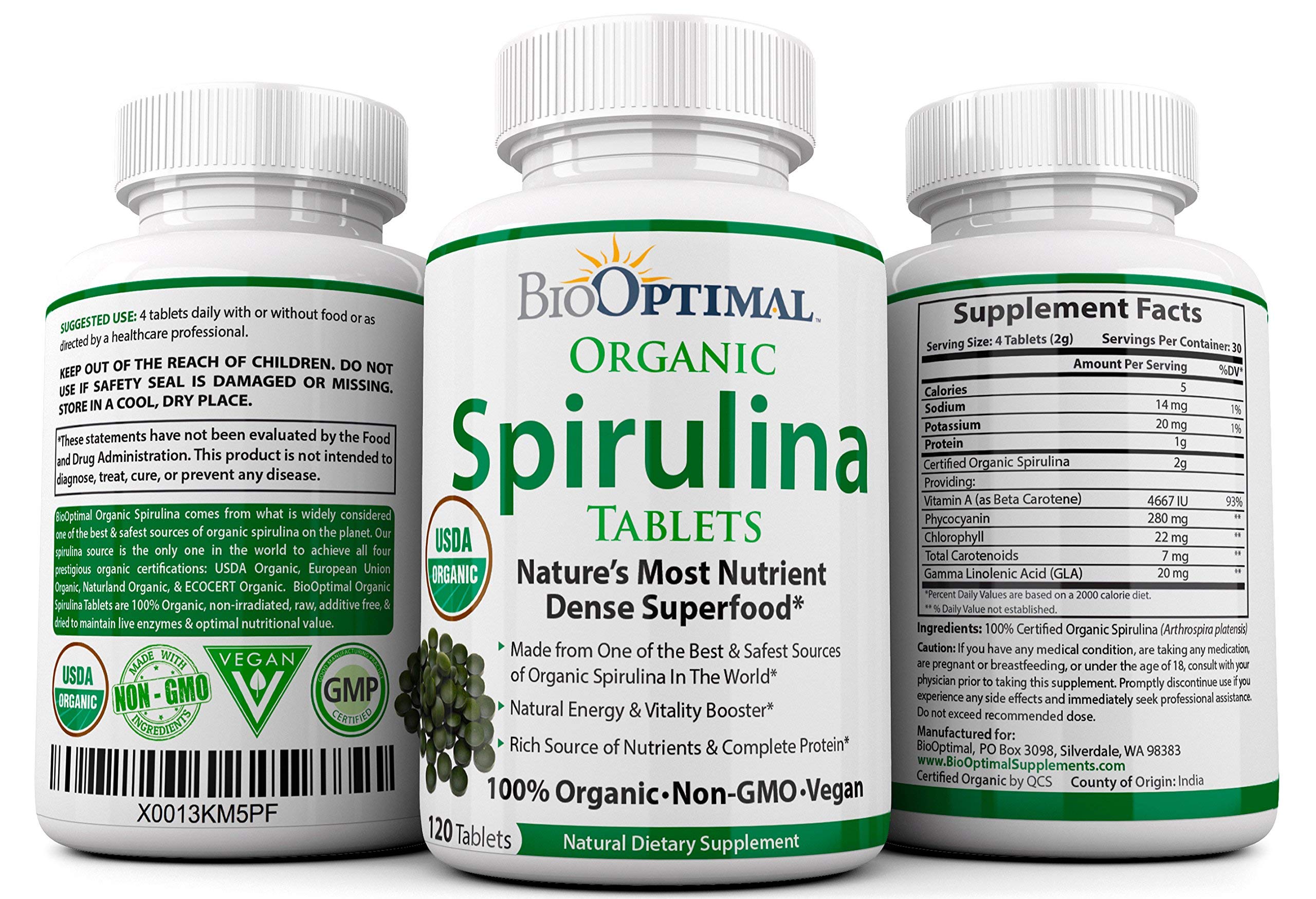 BioOptimal Chlorella Spirulina - Bundle - Organic Chorella Tablets & Organic Spirulina Tablets, 120 Count Each, Premium Quality 4 Organic Certifications