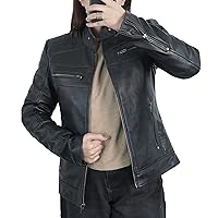 LP-FACON Women's Cafe Racer Black Leather Jacket - Real Lambskin Causal & Fashionable Slim Fit Stand Collar Jacket