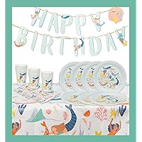 Talking Tables Mermaid Party Decorations and Tableware 50pcs Bundle Includes Happy Birthday Reusable Bunting, 16 x Napkins, Cups, Paper Plates, Disposable Table cover Under the Sea-Themed