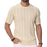 PJ PAUL JONES Men's T-Shirts Casual Knit Short Sleeve Crewneck Hollow Out Solid Knitted Pullover Tees