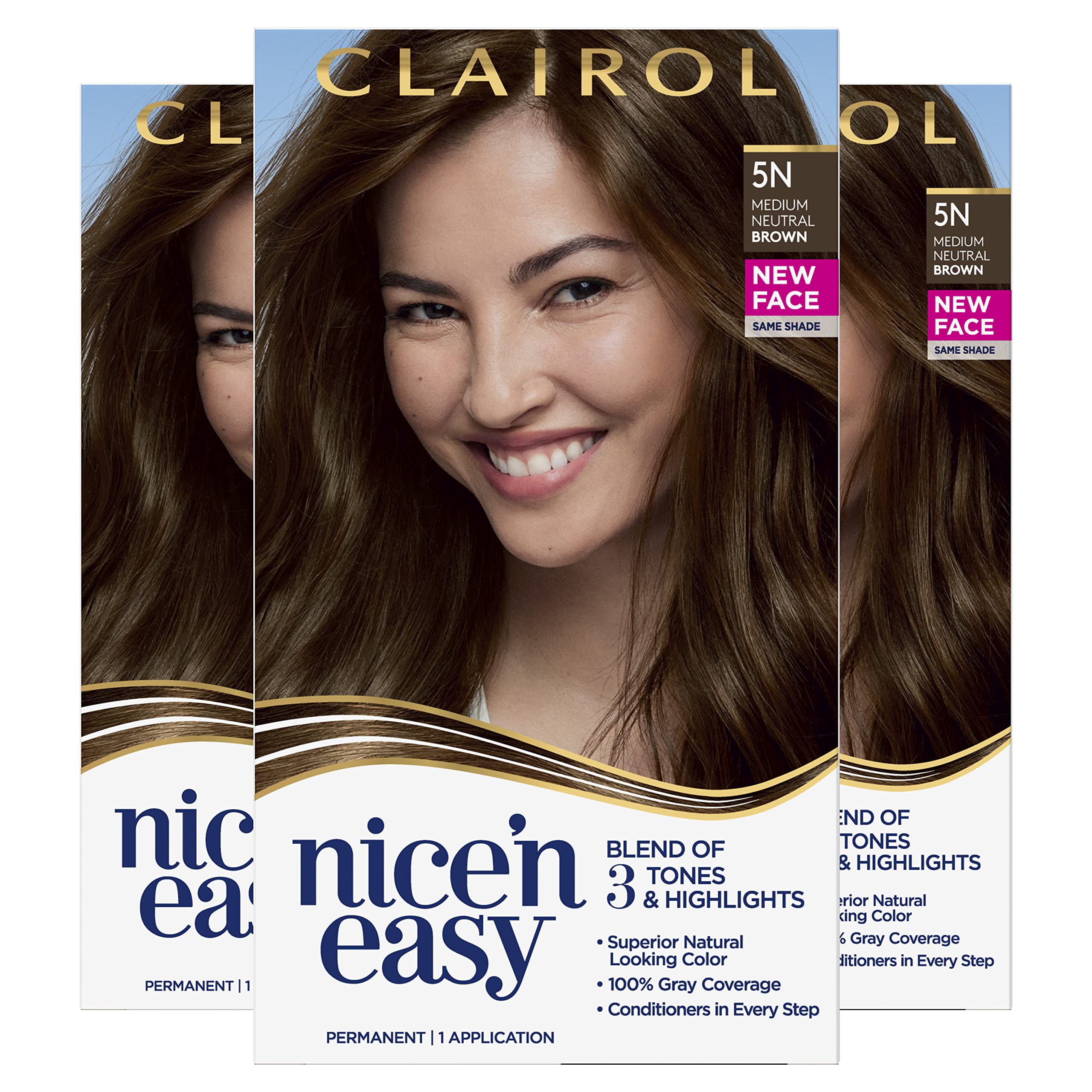 Clairol Nice'n Easy Permanent Hair Dye, 5N Medium Neutral Brown Hair Color, Pack of 3