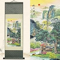 Newscz Asian Wall Art for Living Room Vertical Wall Scroll Silk Scroll Painting The Rising Sun Landscape Painting Art Poster Oriental Chinoiserie Decor Art Mural 36 by 12 in