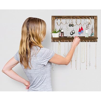 SoCal Buttercup Rustic Jewelry Organizer with Bracelet Rod Wall Mounted - Wooden Wall Mount Holder for Earrings, Necklaces, Bracelets, and Many Other Accessories