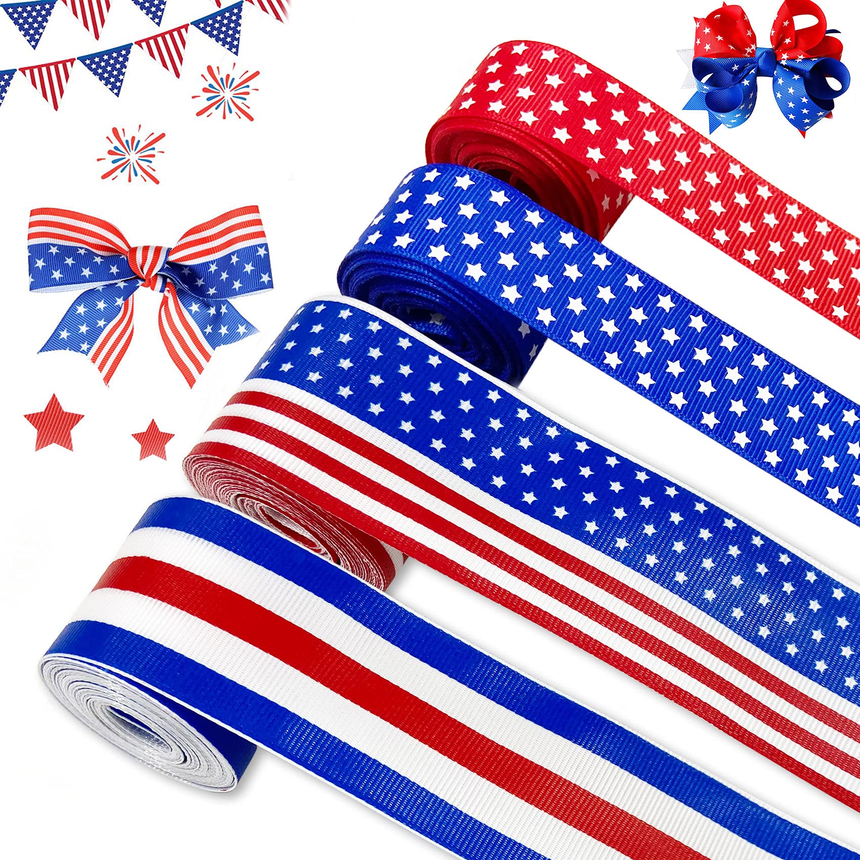 Joy Bang 4th of July Ribbon 4 Rolls, Patriotic Ribbon, Independence Day Stars Strips Ribbons, 20 Yard Fourth of July Wreaths Hair Ribbon Decorations, Memorial Veterans Day Decor Red White Blue