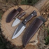 High carbon steel handmade fixed blade knife along with a Damascus neck knife, fixed blade knife with sheath, ideal for skinning, camping, outdoor, EDC fixed blade bush craft, Hunter knife with rose wood handle. Gift for men