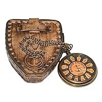 Hassanhandicrafts Antique Vintage Maritime Brass Pocket Watch Marine Anchor 1912 Fob Eiffel Tower Chronometer with Anchor Leather Case, (000HSN2)