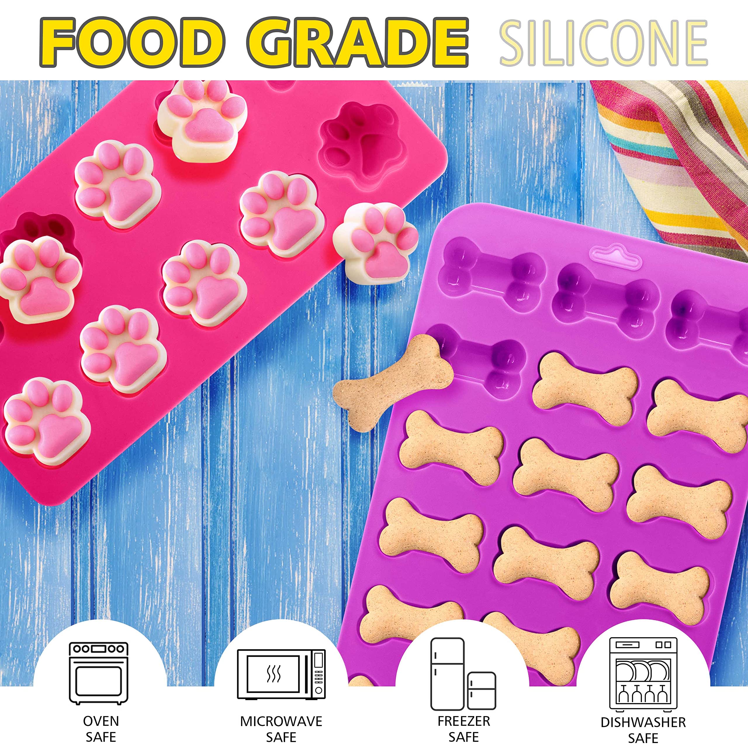 Anaeat Reusable Silicone Molds with Puppy Dog Paw and Bone Shaped, Flexible & Non-Stick Ice Cube Tray, Candy and Chocolate Making Mold for Homemade Baking Dog Treats, Jelly, Biscuit & Cupcake (2 Pack)