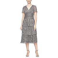 S.L. Fashions Women's Short Sleeve Metallic Accent Tiered Dress (Missy Petite)