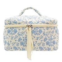 PAZIMIIK Cotton Makeup Bag for Women Large Quilted Travel Cosmetic Case Girls' Make Up Organizer,Little Flower Blue