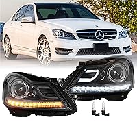 USR 12-14 W204 C-Class LED Switchback Headlight Assembly Set (Left + Right) Compatible with 2012-2014 Mercedes Benz W204 C Class Halogen Models (Black Housing, Switch Back DRL, Plug and Play, 2PC Set)