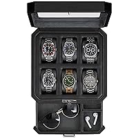 ROTHWELL 6 Slot Leather Watch Box with Valet Drawer - Luxury Watch Case Display Organizer, Microsuede Liner, Locking Mens Jewelry Watches Holder, Men's Storage Boxes With Large Glass Top (Black/Grey)
