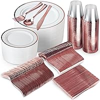 600 Piece Rose Gold Dinnerware Set - 200 White and Rose Gold Plastic Plates - Set of 300 Rose Gold Plastic Silverware - 100 Plastic Cups - Disposable Rose Gold Dinnerware Set for Party - 100 Guests