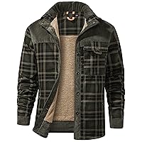 Flygo Men's Outdoor Casual Buck Fleece Sherpa Lined Flannel Camp Plaid Shirt Jacket(DarkGreen-M)