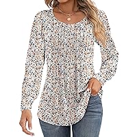 Women's Puff Long Sleeve Tunic Tops Pleated Crew Neck Blouses Dressy Casual Loose Summer and Fall T-Shirts