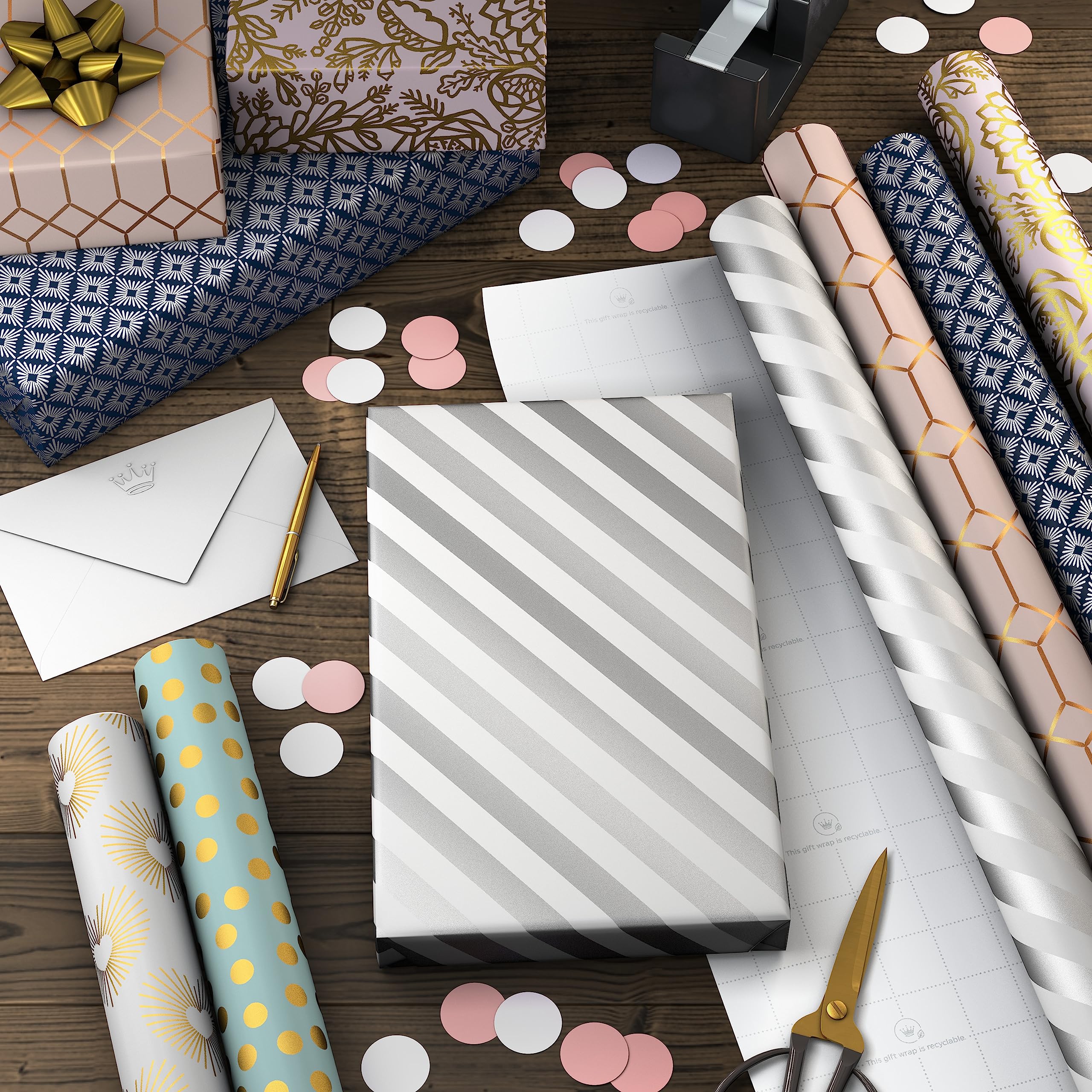 Hallmark Wrapping Paper with Cutlines on Reverse (6 Rolls: 180 Sq. Ft. Total) White and Silver Stripes, Mint Green, Gold Hearts and Flowers for Weddings, Bridal Showers, Birthdays