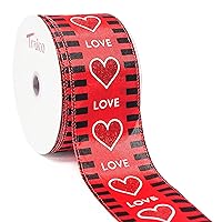 Red Heart with Love Wired Ribbon for Decor, Gift Wrapping, DIY Crafts, 2.5
