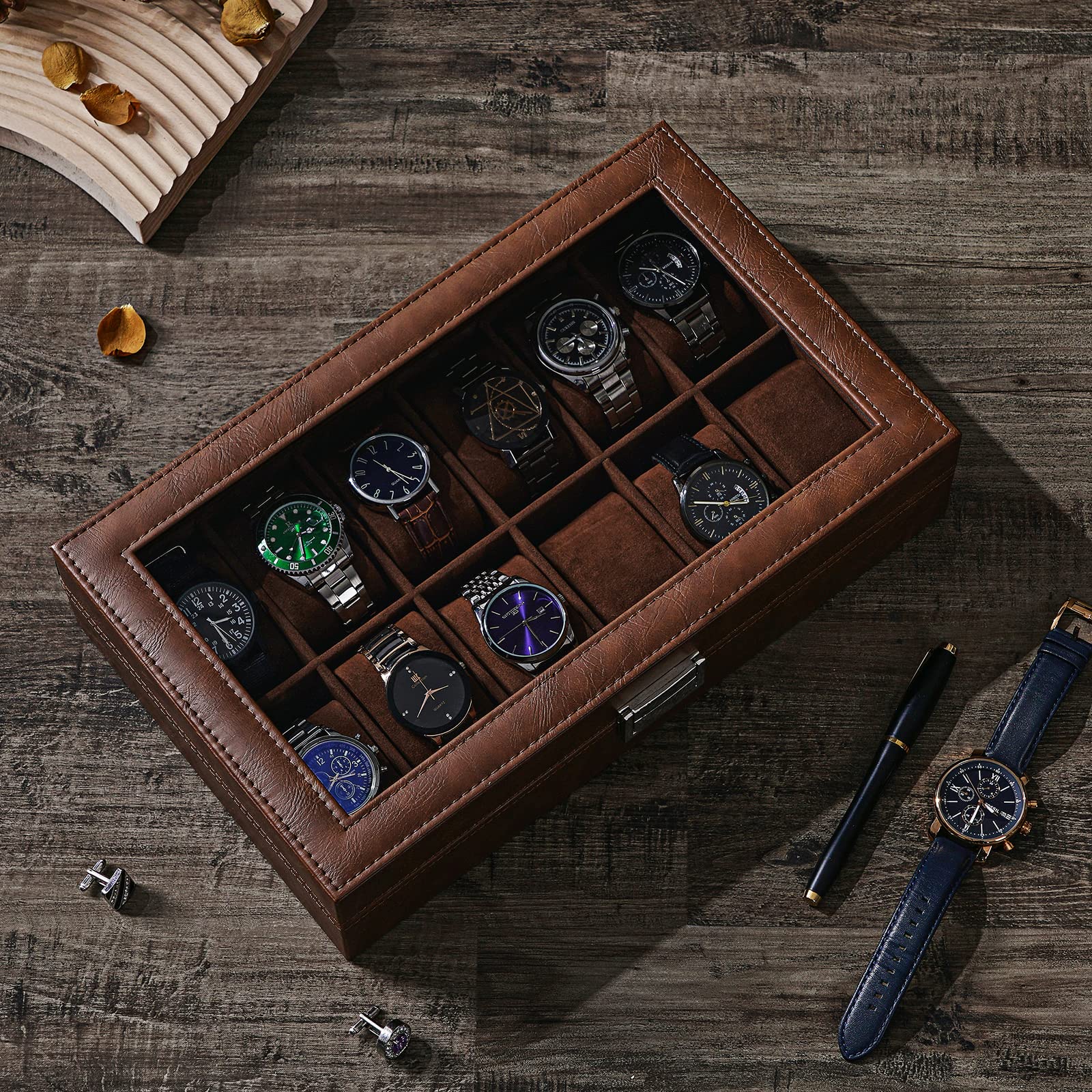 BEWISHOME Watch Box Organizer 12 Watch Case for Men & 10 Slots Watch Organizer for Men with Drawer,Bundle