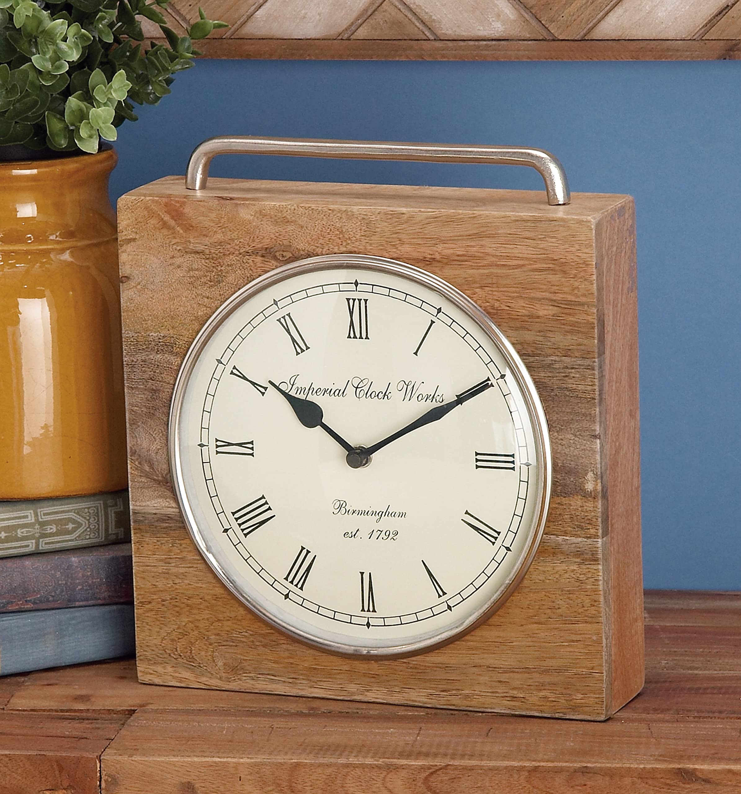 Deco 79 Mango Wood Clock with Silver Top Handle, 10